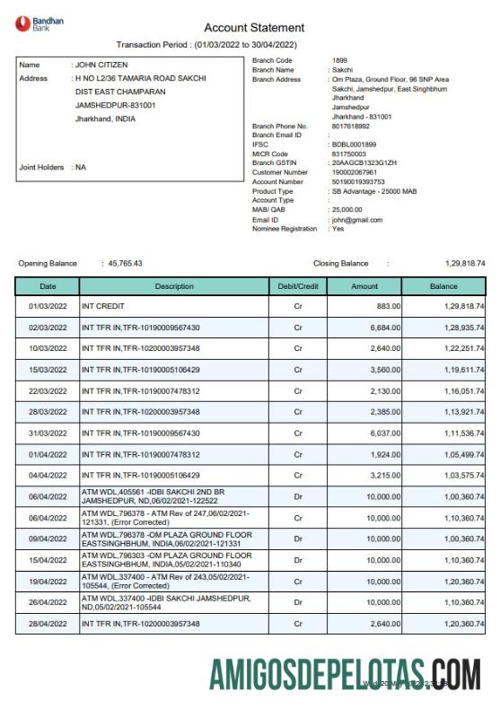 India Bandhan modelo de extrato bancário